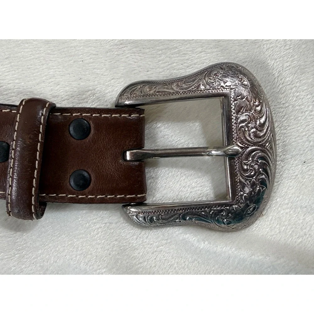 Nocona Western Leather Belt Men's Size 40 Brown Tooled Engraved Buckle